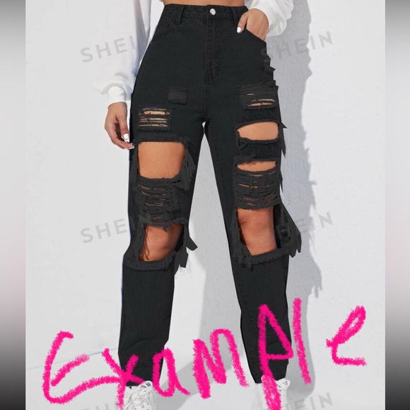 Y2K Cut Out Ripped Frayed Carrot Black Mom Jeans - Picture 2 of 2